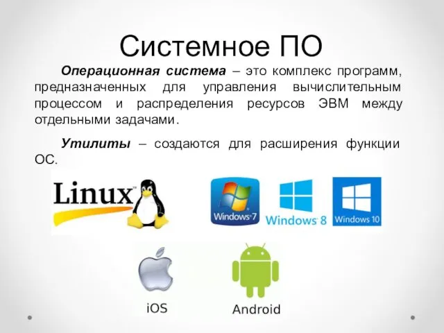 Системное ПО Операционная система – это комплекс программ, предназначенных для управления