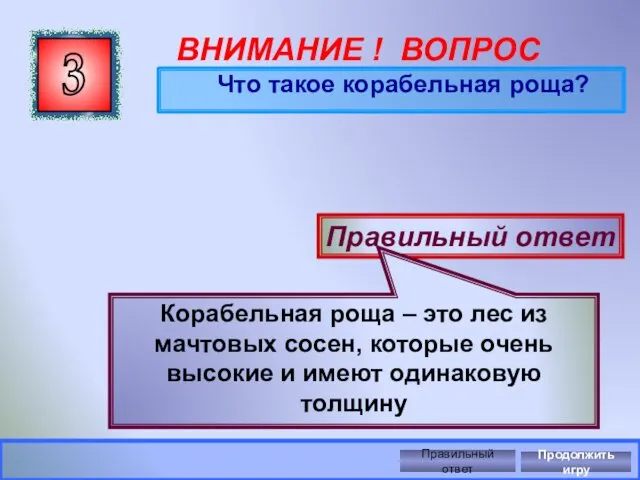 3 ВНИМАНИЕ ! ВОПРОС Что такое корабельная роща? Правильный ответ Корабельная