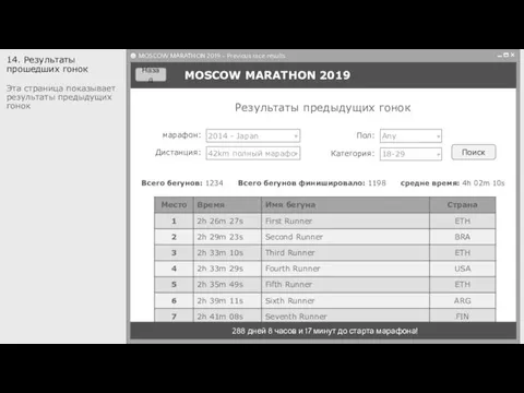 14. Результаты прошедших гонок Эта страница показывает результаты предыдущих гонок Назад