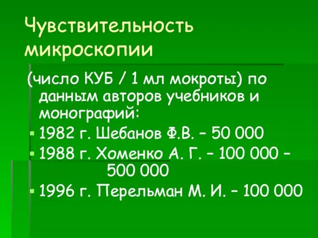 Чувствительность микроскопии (число КУБ / 1 мл мокроты) по данным авторов