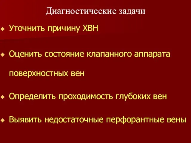 Уточнить причину ХВН Оценить состояние клапанного аппарата поверхностных вен Определить проходимость