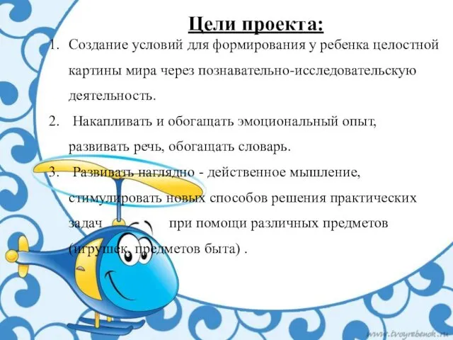 Цели проекта: Создание условий для формирования у ребенка целостной картины мира
