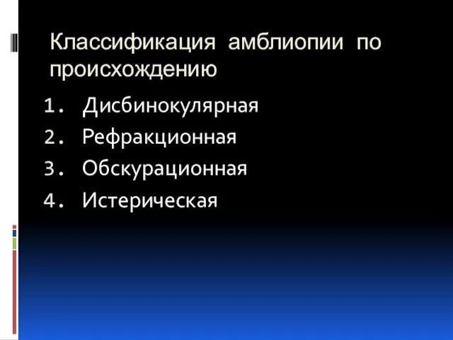 Классификация амблиопии по происхождению Дисбинокулярная Рефракционная Обскурационная Истерическая