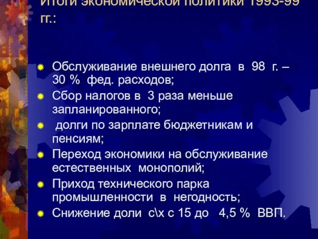 Итоги экономической политики 1993-99 гг.: Обслуживание внешнего долга в 98 г.