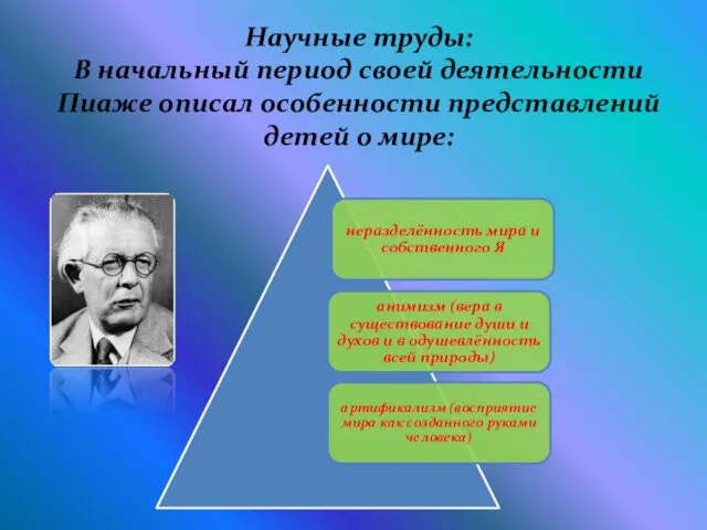 Научные труды: В начальный период своей деятельности Пиаже описал особенности представлений детей о мире: