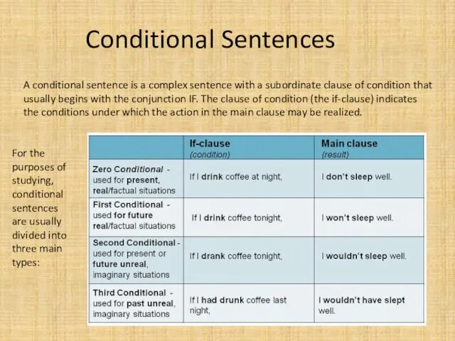 Conditional Sentences A conditional sentence is a complex sentence with a