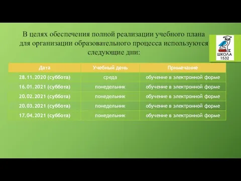 В целях обеспечения полной реализации учебного плана для организации образовательного процесса используются следующие дни: