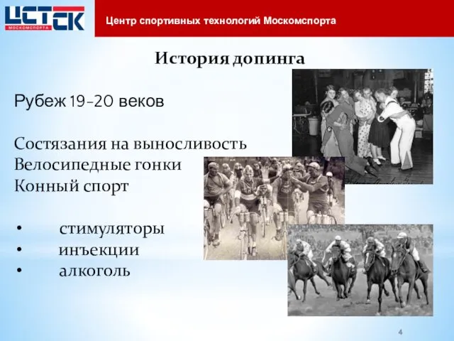 История допинга Рубеж 19-20 веков Состязания на выносливость Велосипедные гонки Конный