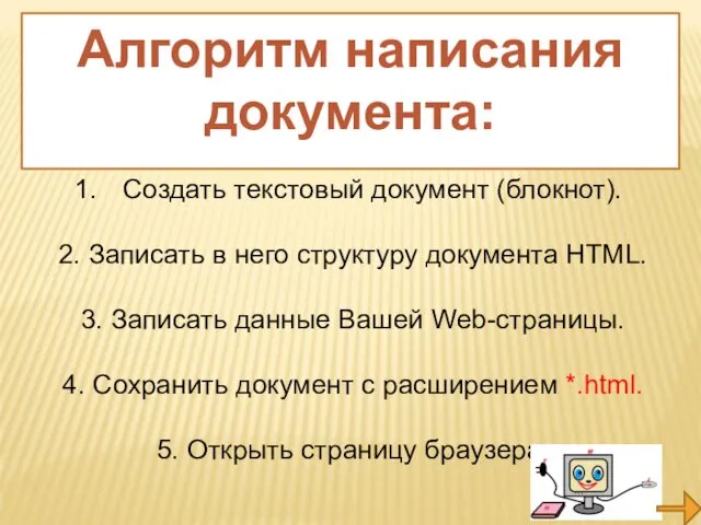 Создать текстовый документ (блокнот). 2. Записать в него структуру документа HTML.