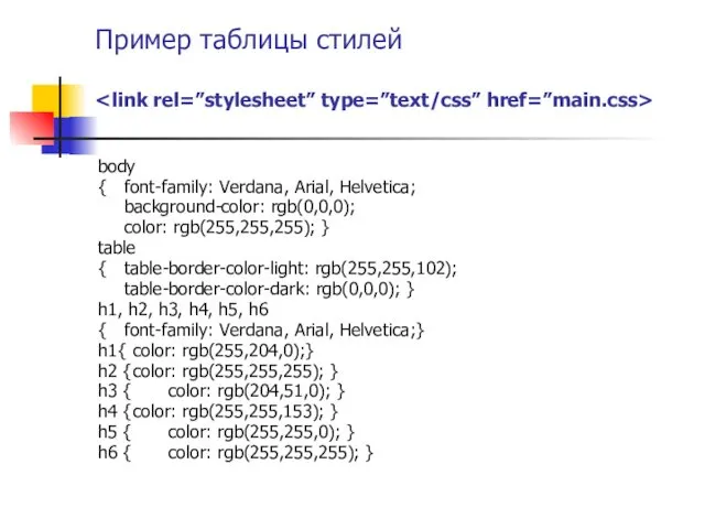 Пример таблицы стилей body { font-family: Verdana, Arial, Helvetica; background-color: rgb(0,0,0);