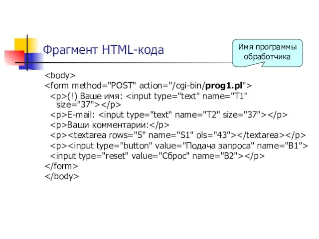 Фрагмент HTML-кода (!) Ваше имя: E-mail: Ваши комментарии: Имя программы обработчика