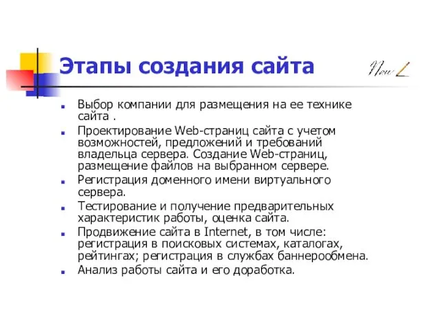 Этапы создания сайта Выбор компании для размещения на ее технике сайта