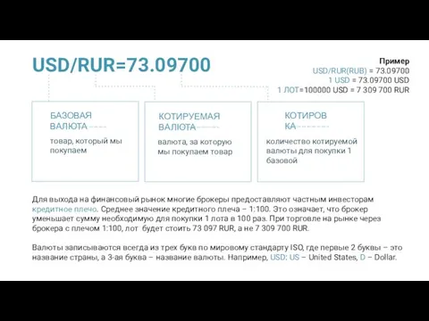 USD/RUR=73.09700 БАЗОВАЯ ВАЛЮТА КОТИРУЕМАЯ ВАЛЮТА КОТИРОВКА товар, который мы покупаем валюта,