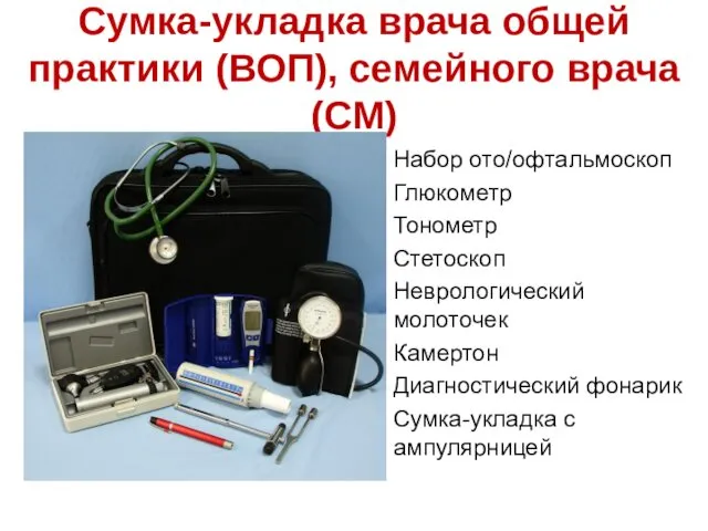 Сумка-укладка врача общей практики (ВОП), семейного врача (СМ) Набор ото/офтальмоскоп Глюкометр