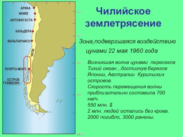 Чилийское землетрясение Зона,подвергшаяся воздействию цунами 22 мая 1960 года Возникшая волна