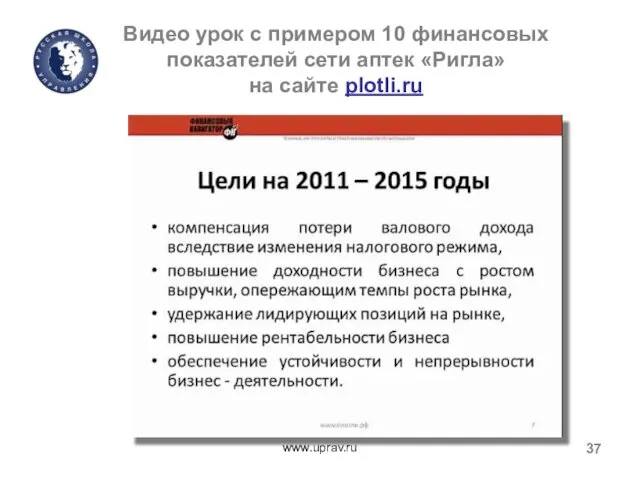 Видео урок с примером 10 финансовых показателей сети аптек «Ригла» на сайте plotli.ru www.uprav.ru
