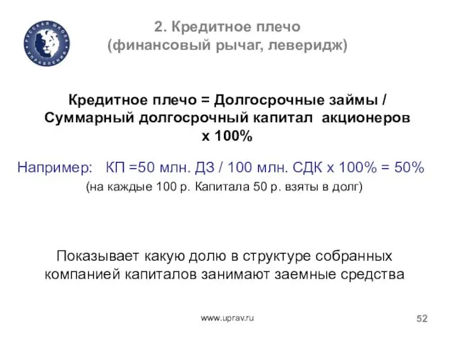 2. Кредитное плечо (финансовый рычаг, леверидж) Кредитное плечо = Долгосрочные займы