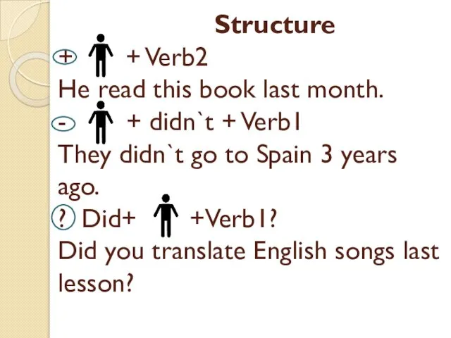 Structure + + Verb2 He read this book last month. -