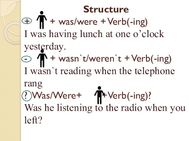 Structure + + was/were + Verb(-ing) I was having lunch at