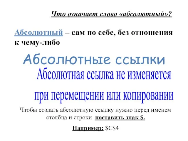 Абсолютные ссылки Что означает слово «абсолютный»? Абсолютный – сам по себе,