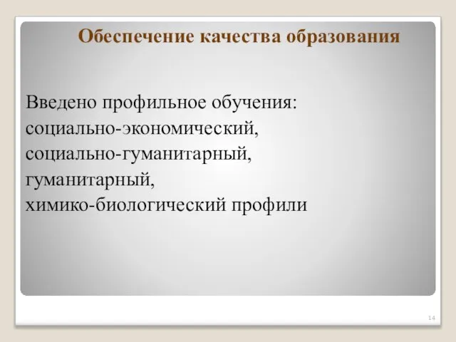 Обеспечение качества образования Введено профильное обучения: социально-экономический, социально-гуманитарный, гуманитарный, химико-биологический профили