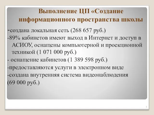 Выполнение ЦП «Создание информационного пространства школы -создана локальная сеть (268 657