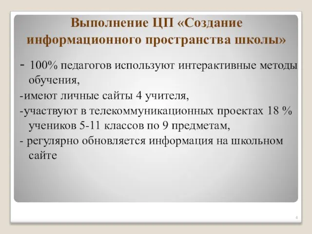 Выполнение ЦП «Создание информационного пространства школы» - 100% педагогов используют интерактивные