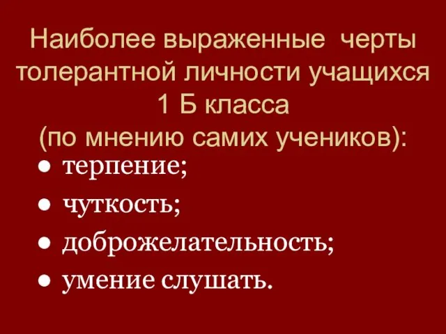 Наиболее выраженные черты толерантной личности учащихся 1 Б класса (по мнению