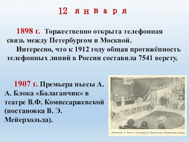 12 января 1898 г. Торжественно открыта телефонная связь между Петербургом и