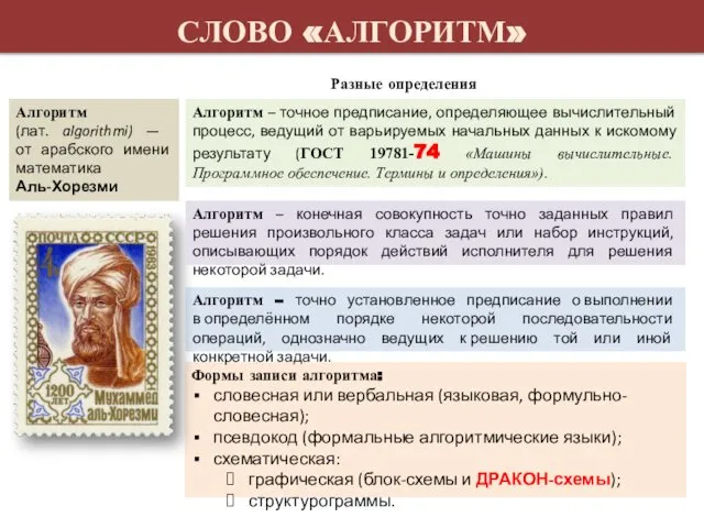 СЛОВО «АЛГОРИТМ» Алгоритм (лат. al­go­rithmi) — от арабского имени математика Аль-Хорезми