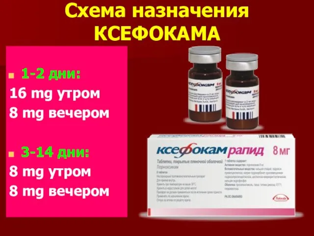 Схема назначения КСЕФОКАМА 1-2 дни: 16 mg утром 8 mg вечером