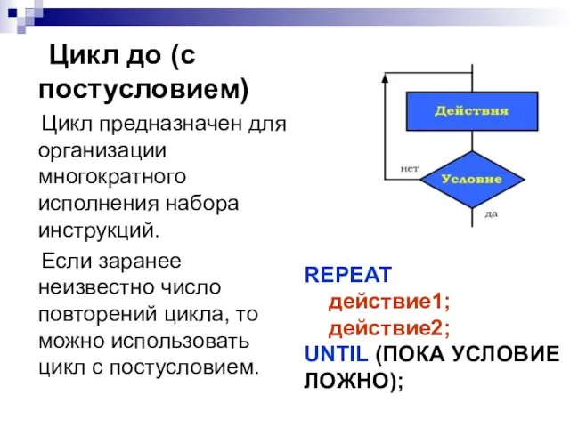 Цикл до (с постусловием) Цикл предназначен для организации многократного исполнения набора