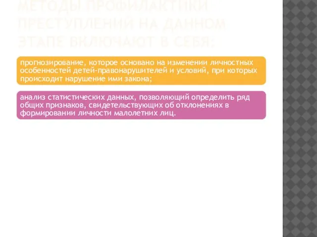 МЕТОДЫ ПРОФИЛАКТИКИ ПРЕСТУПЛЕНИЙ НА ДАННОМ ЭТАПЕ ВКЛЮЧАЮТ В СЕБЯ: прогнозирование, которое