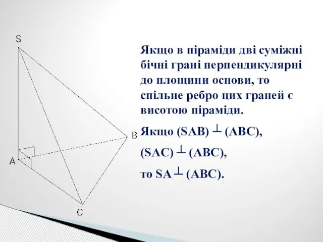 Якщо в піраміди дві суміжні бічні грані перпендикулярні до площини основи,