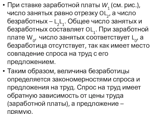 При ставке заработной платы W1 (см. рис.), число занятых равно отрезку