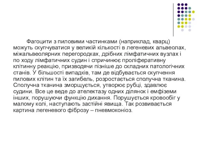 Фагоцити з пиловими частинками (наприклад, кварц) можуть скупчуватися у великій кількості