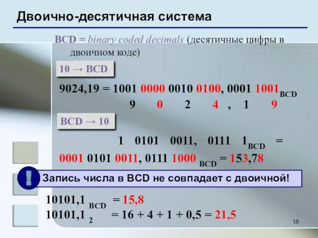Двоично-десятичная система BCD = binary coded decimals (десятичные цифры в двоичном