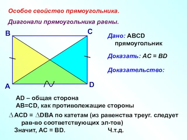 Особое свойство прямоугольника. Диагонали прямоугольника равны. А В С D Дано: