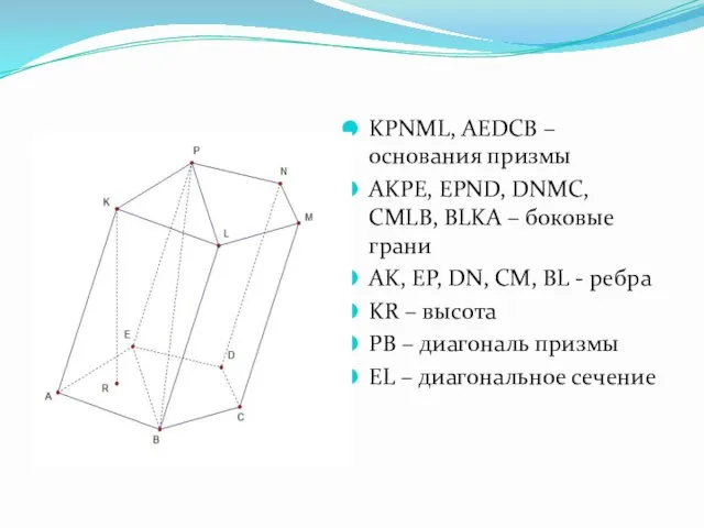 KPNML, AEDCB – основания призмы AKPE, EPND, DNMC, CMLB, BLKA –