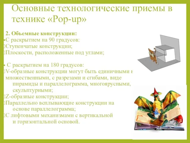 Основные технологические приемы в технике «Pop-up» 2. Объемные конструкции: С раскрытием