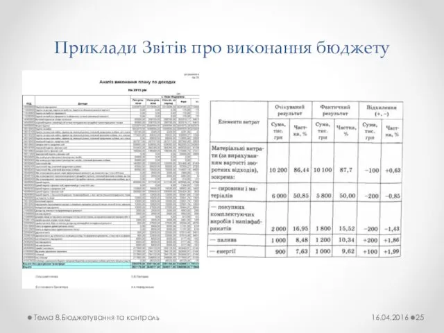 Приклади Звітів про виконання бюджету 16.04.2016 Тема 8.Бюджетування та контроль