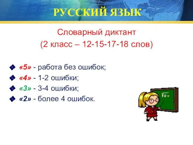 РУССКИЙ ЯЗЫК Словарный диктант (2 класс – 12-15-17-18 слов) «5» -