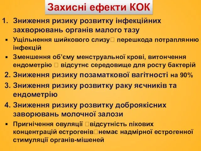 Захисні ефекти КОК Зниження ризику розвитку інфекційних захворювань органів малого тазу