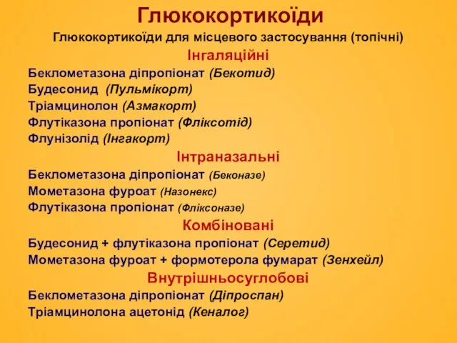 Глюкокортикоїди Глюкокортикоїди для місцевого застосування (топічні) Інгаляційні Беклометазона діпропіонат (Бекотид) Будесонид