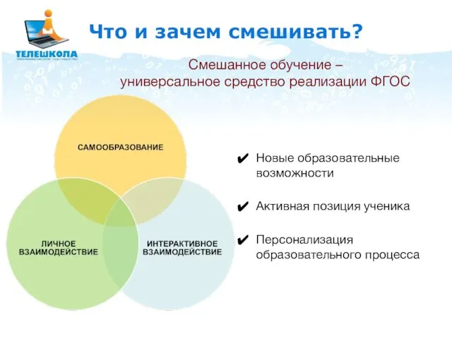 Что и зачем смешивать? Новые образовательные возможности Активная позиция ученика Персонализация