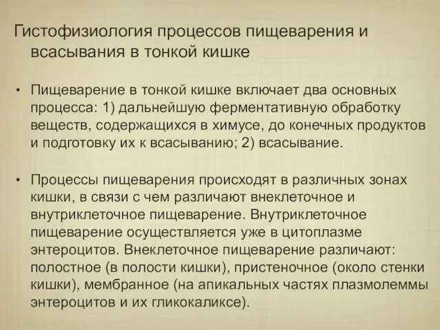 Гистофизиология процессов пищеварения и всасывания в тонкой кишке Пищеварение в тонкой