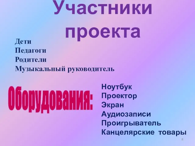 Дети Педагоги Родители Музыкальный руководитель Ноутбук Проектор Экран Аудиозаписи Проигрыватель Канцелярские товары Участники проекта Оборудования: