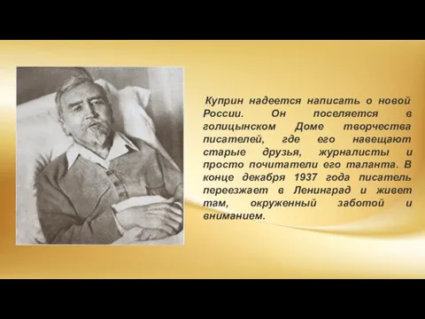 Куприн надеется написать о новой России. Он поселяется в голицынском Доме