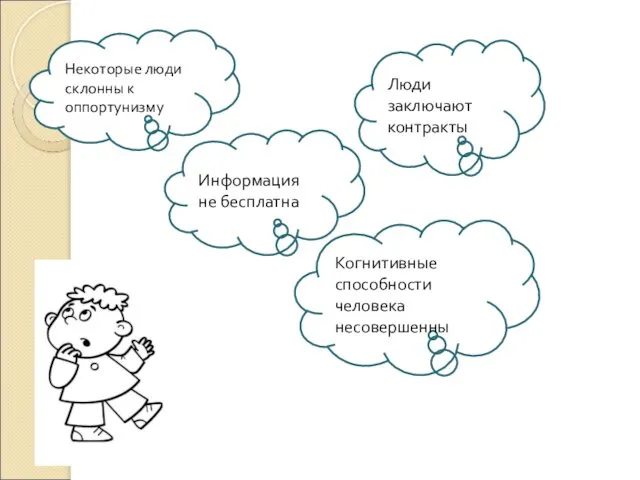 Информация не бесплатна Люди заключают контракты Когнитивные способности человека несовершенны Некоторые люди склонны к оппортунизму