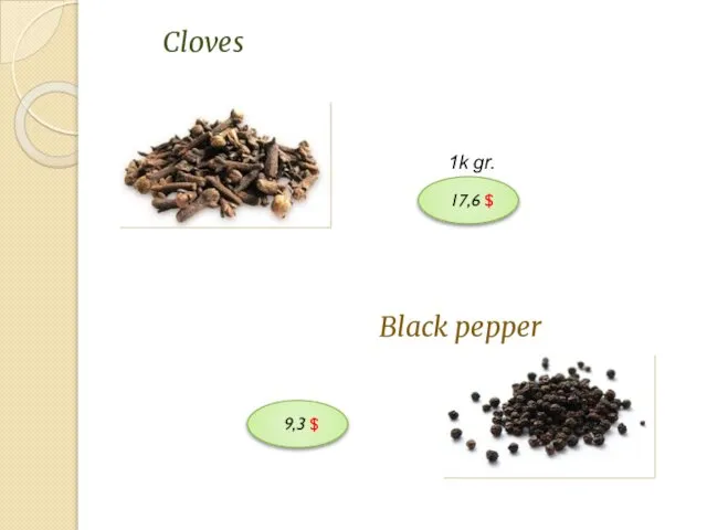 Cloves 1k gr. Black pepper 17,6 $ 9,3 $